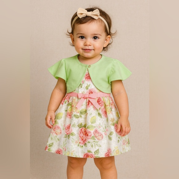 Bonnie Baby Other - Bonnie Baby 3-Piece Floral Dress Set w/ Green Cardigan & Diaper Cover –Size 24M